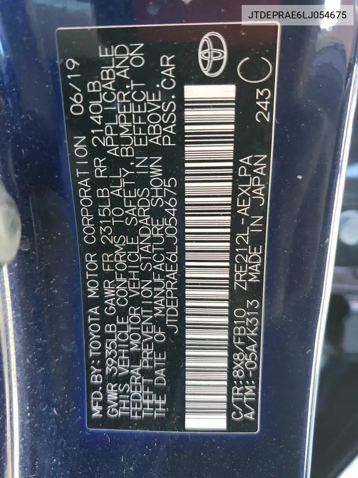 JTDEPRAE6LJ054675 2020 Toyota Corolla Le