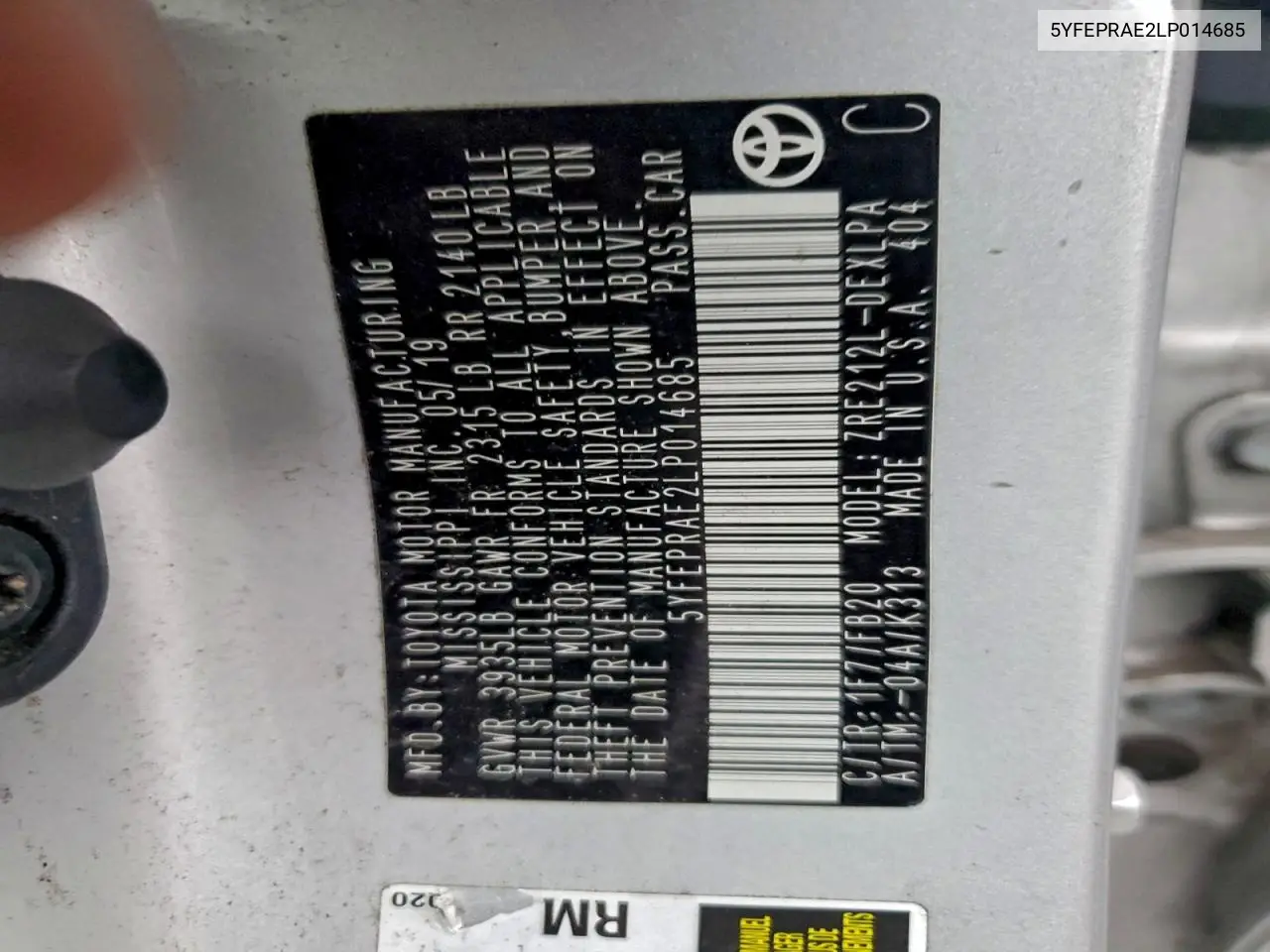 5YFEPRAE2LP014685 2020 Toyota Corolla Le