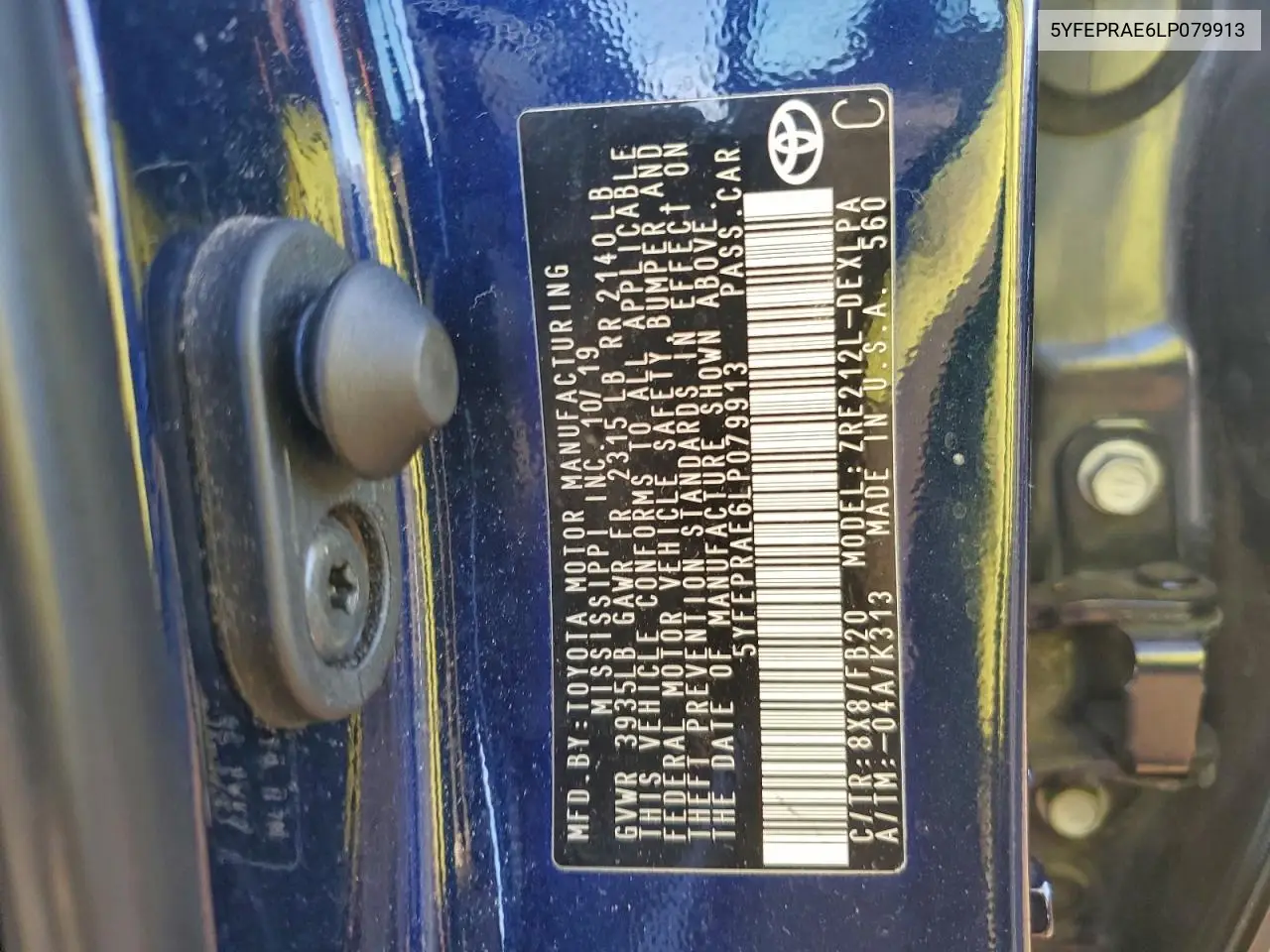 5YFEPRAE6LP079913 2020 Toyota Corolla Le