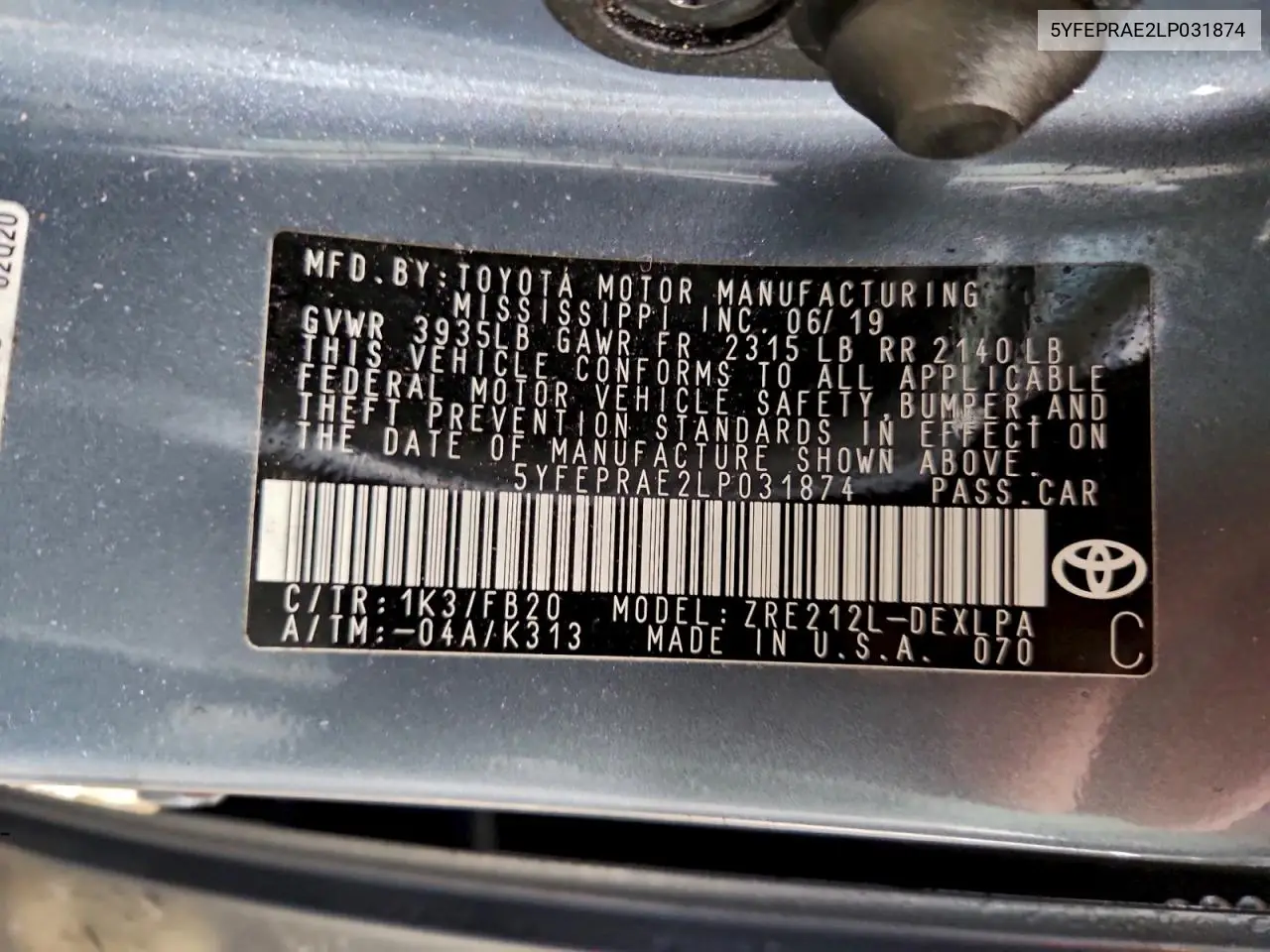 5YFEPRAE2LP031874 2020 Toyota Corolla Le