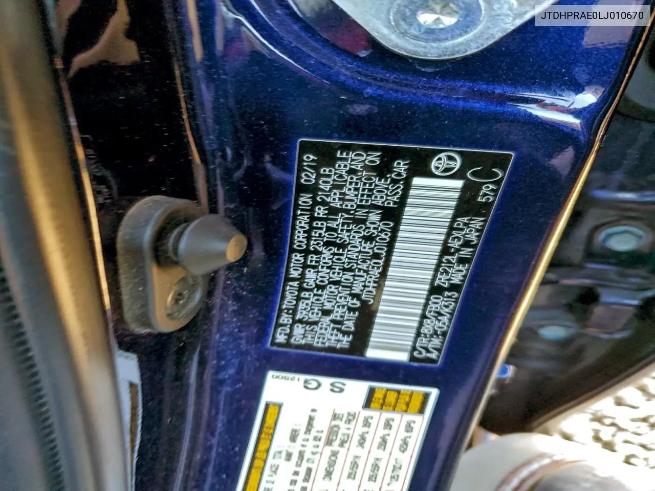 JTDHPRAE0LJ010670 2020 Toyota Corolla Le