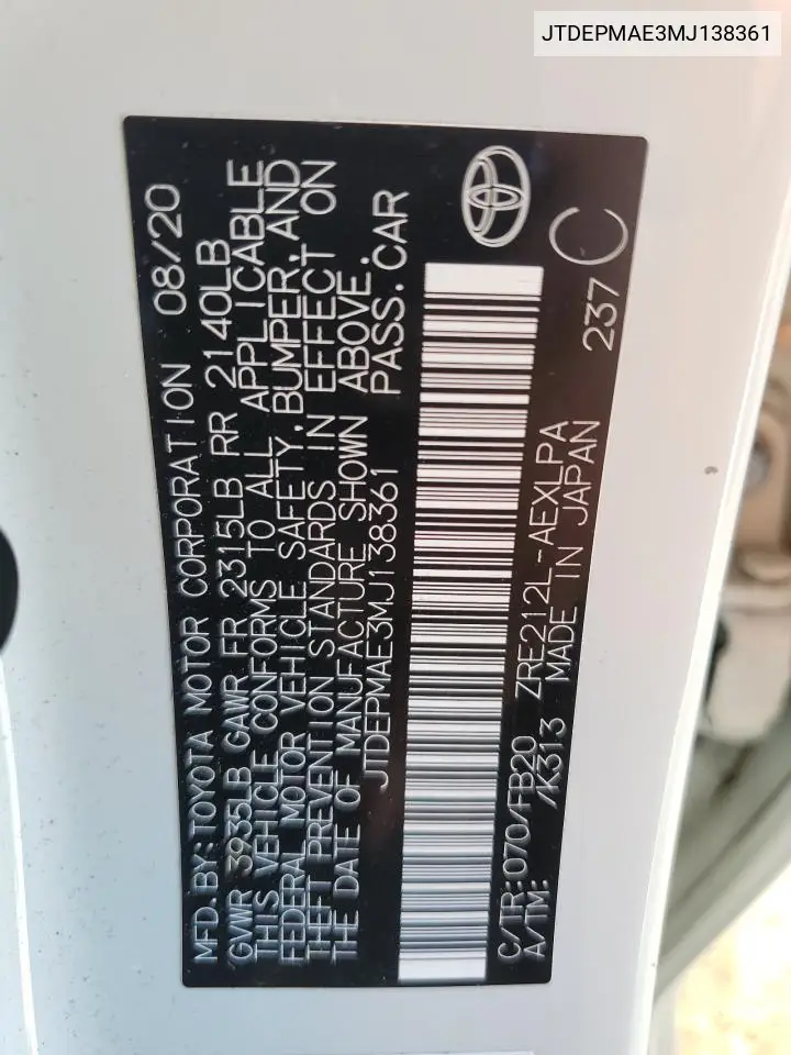 JTDEPMAE3MJ138361 2021 Toyota Corolla Le