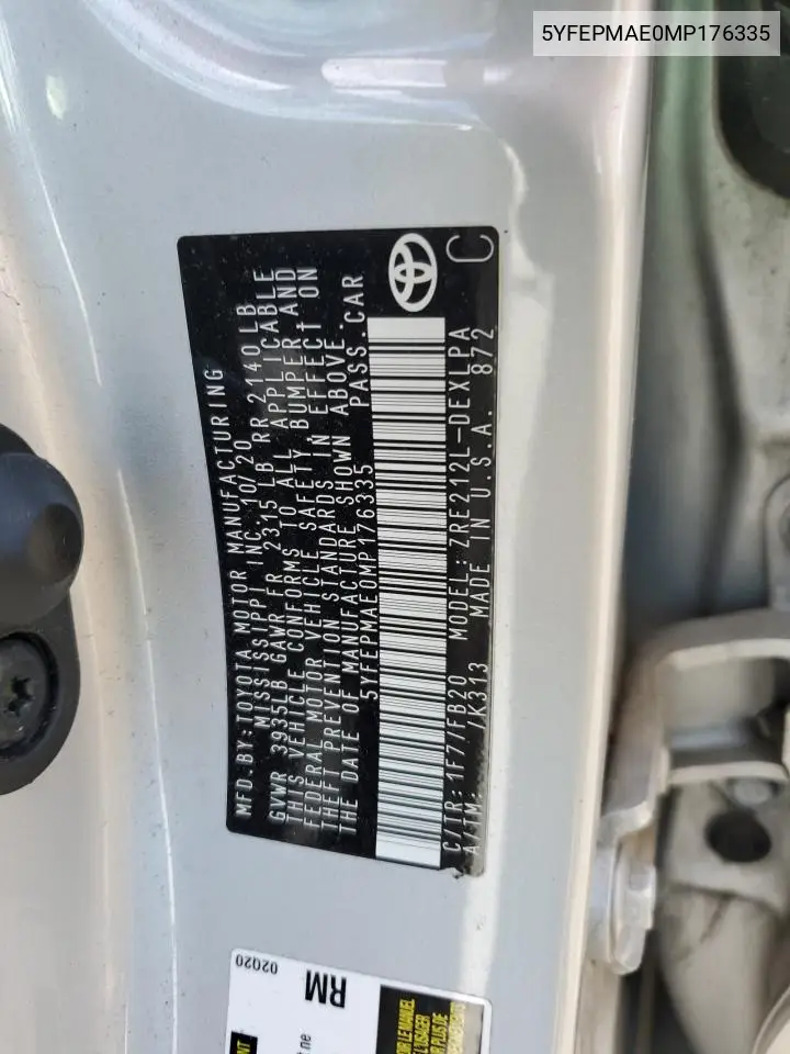5YFEPMAE0MP176335 2021 Toyota Corolla Le