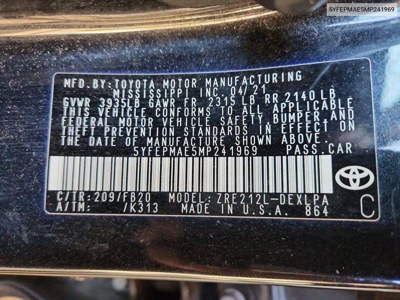 5YFEPMAE5MP241969 2021 Toyota Corolla Le