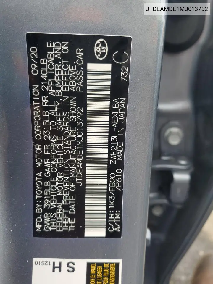 JTDEAMDE1MJ013792 2021 Toyota Corolla Le