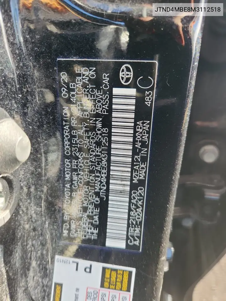 JTND4MBE8M3112518 2021 Toyota Corolla Se