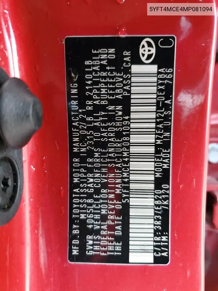 5YFT4MCE4MP081094 2021 Toyota Corolla Xse