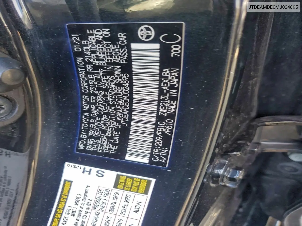 JTDEAMDE0MJ024895 2021 Toyota Corolla Le