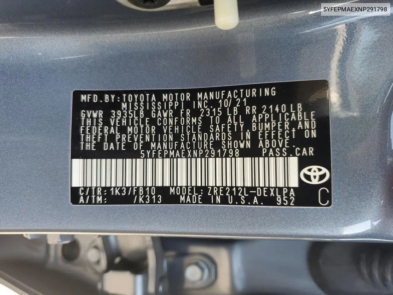 5YFEPMAEXNP291798 2022 Toyota Corolla Le