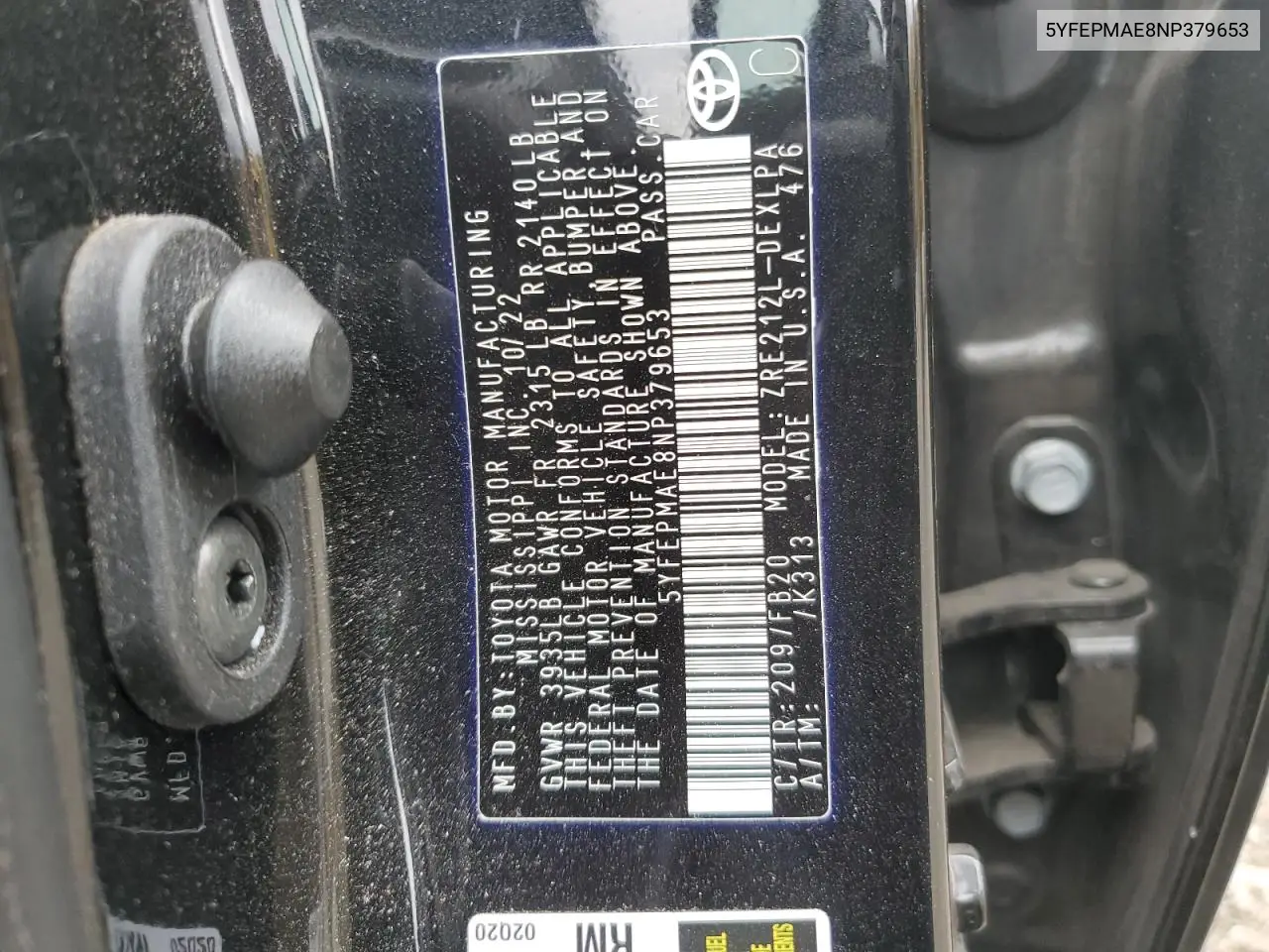 5YFEPMAE8NP379653 2022 Toyota Corolla Le
