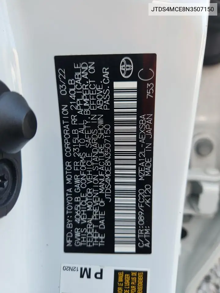 JTDS4MCE8N3507150 2022 Toyota Corolla Se
