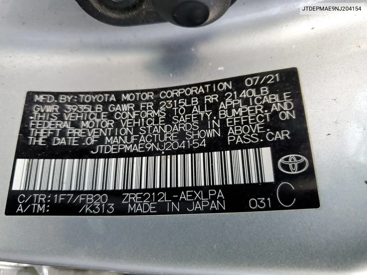 JTDEPMAE9NJ204154 2022 Toyota Corolla Le
