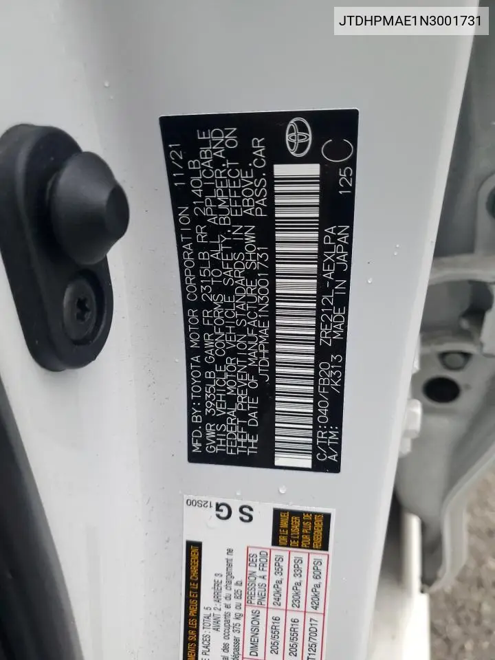 JTDHPMAE1N3001731 2022 Toyota Corolla Le