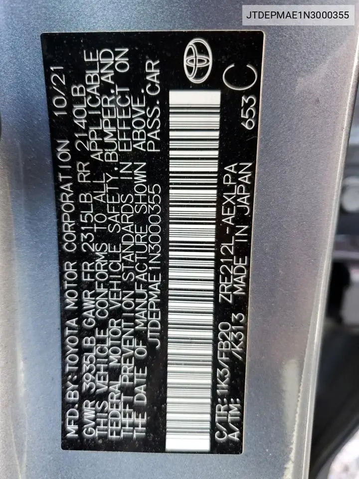 JTDEPMAE1N3000355 2022 Toyota Corolla Le