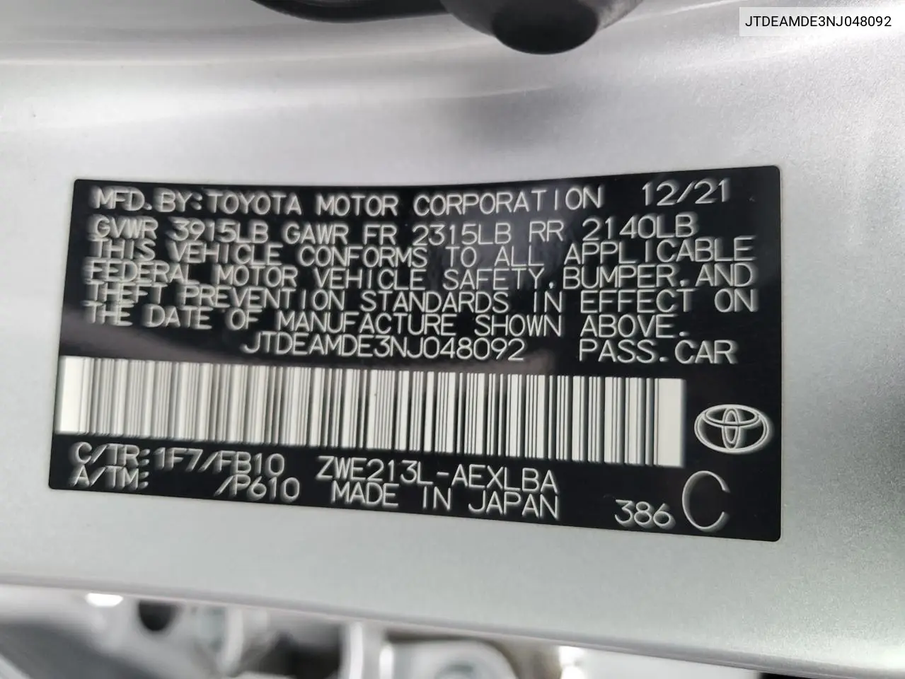 JTDEAMDE3NJ048092 2022 Toyota Corolla Le
