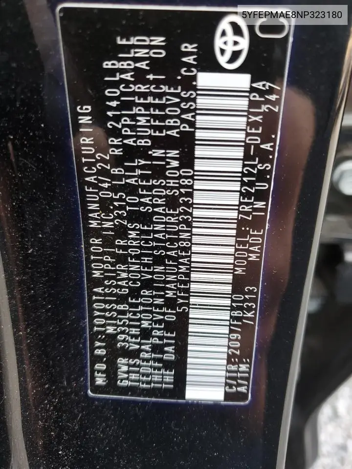 5YFEPMAE8NP323180 2022 Toyota Corolla Le