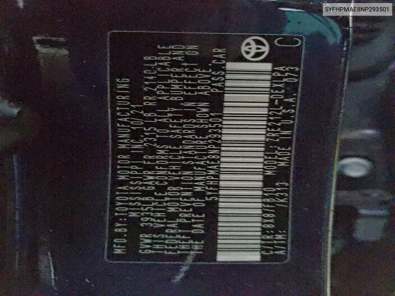 5YFHPMAE8NP293501 2022 Toyota Corolla Le