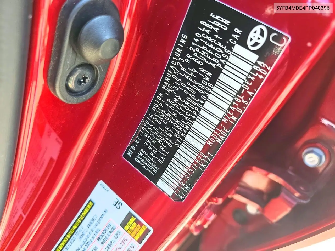 5YFB4MDE4PP040396 2023 Toyota Corolla Le