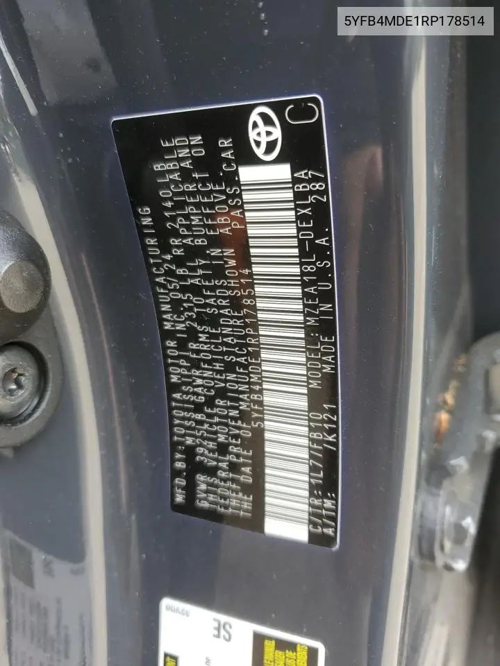 5YFB4MDE1RP178514 2024 Toyota Corolla Le