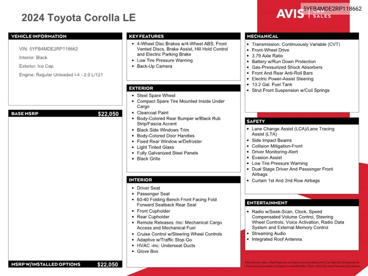 5YFB4MDE2RP118662 2024 Toyota Corolla Le