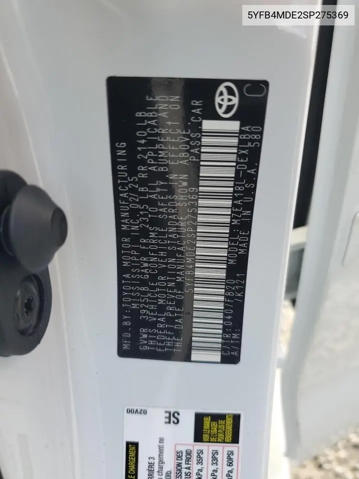 5YFB4MDE2SP275369 2025 Toyota Corolla Le