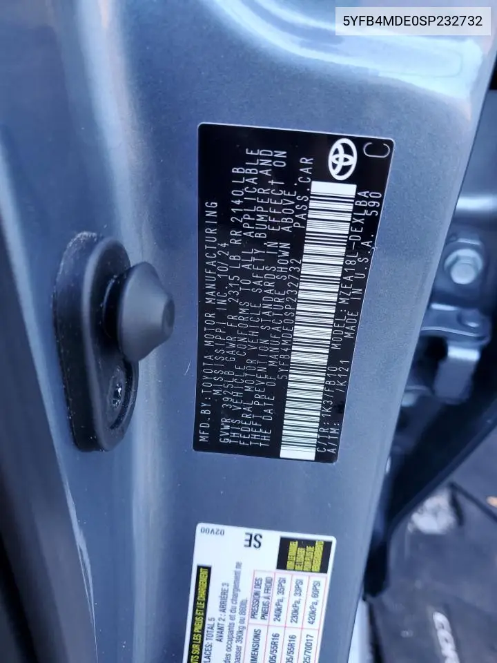 5YFB4MDE0SP232732 2025 Toyota Corolla Le