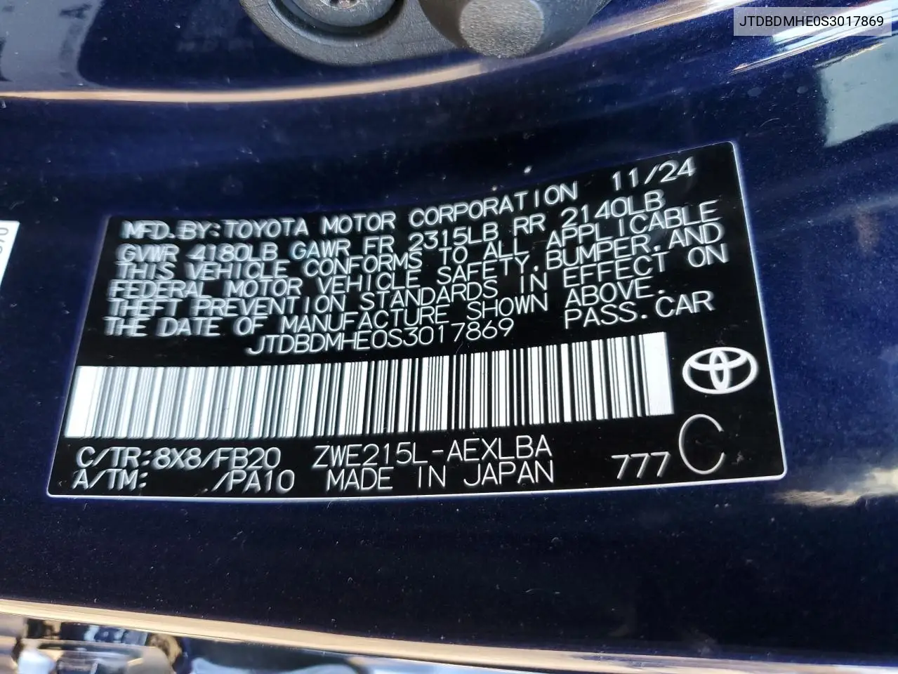 JTDBDMHE0S3017869 2025 Toyota Corolla Le