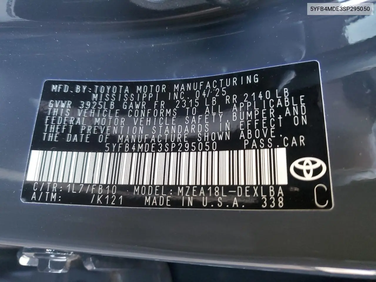 5YFB4MDE3SP295050 2025 Toyota Corolla Le