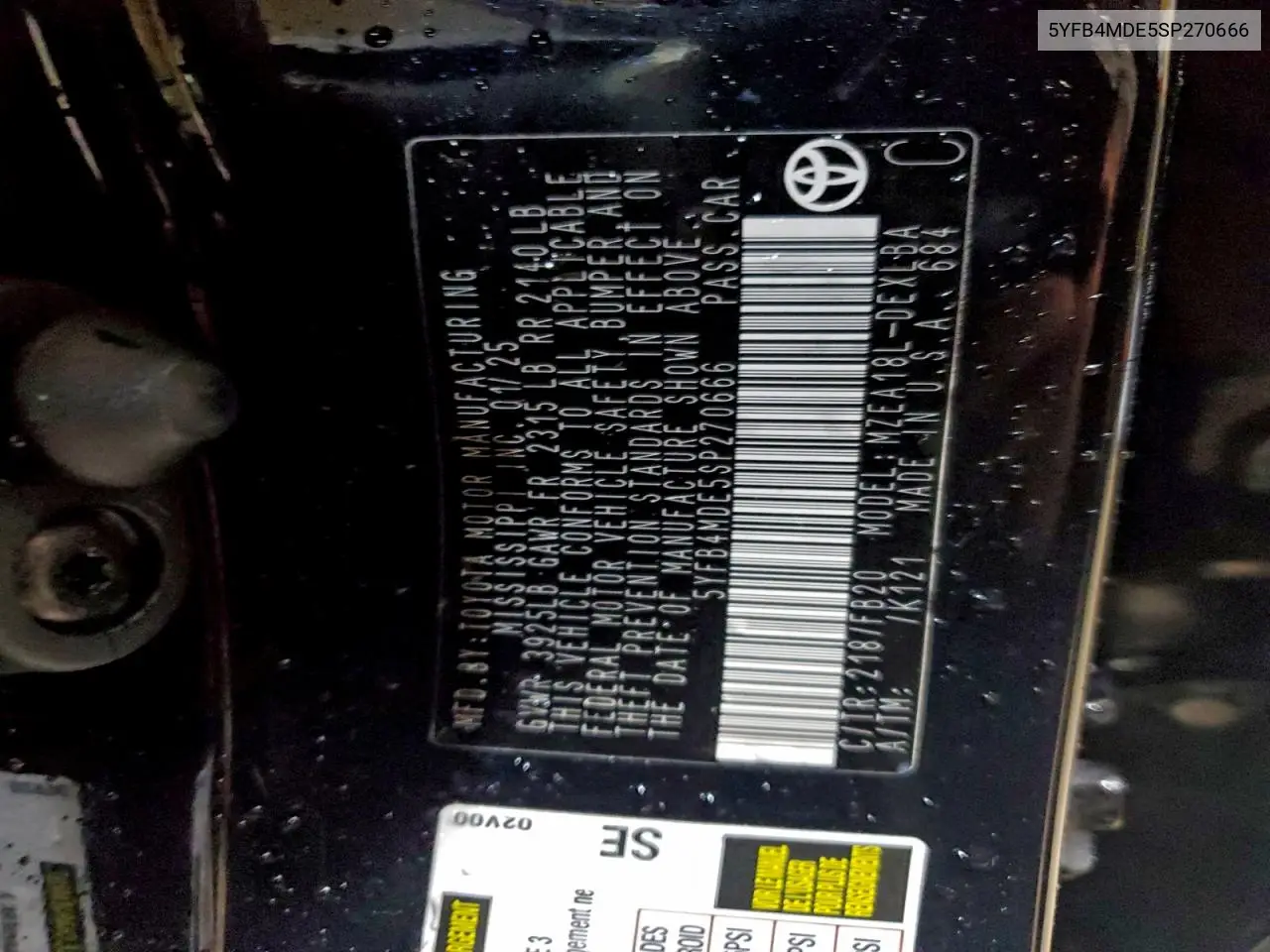 5YFB4MDE5SP270666 2025 Toyota Corolla Le