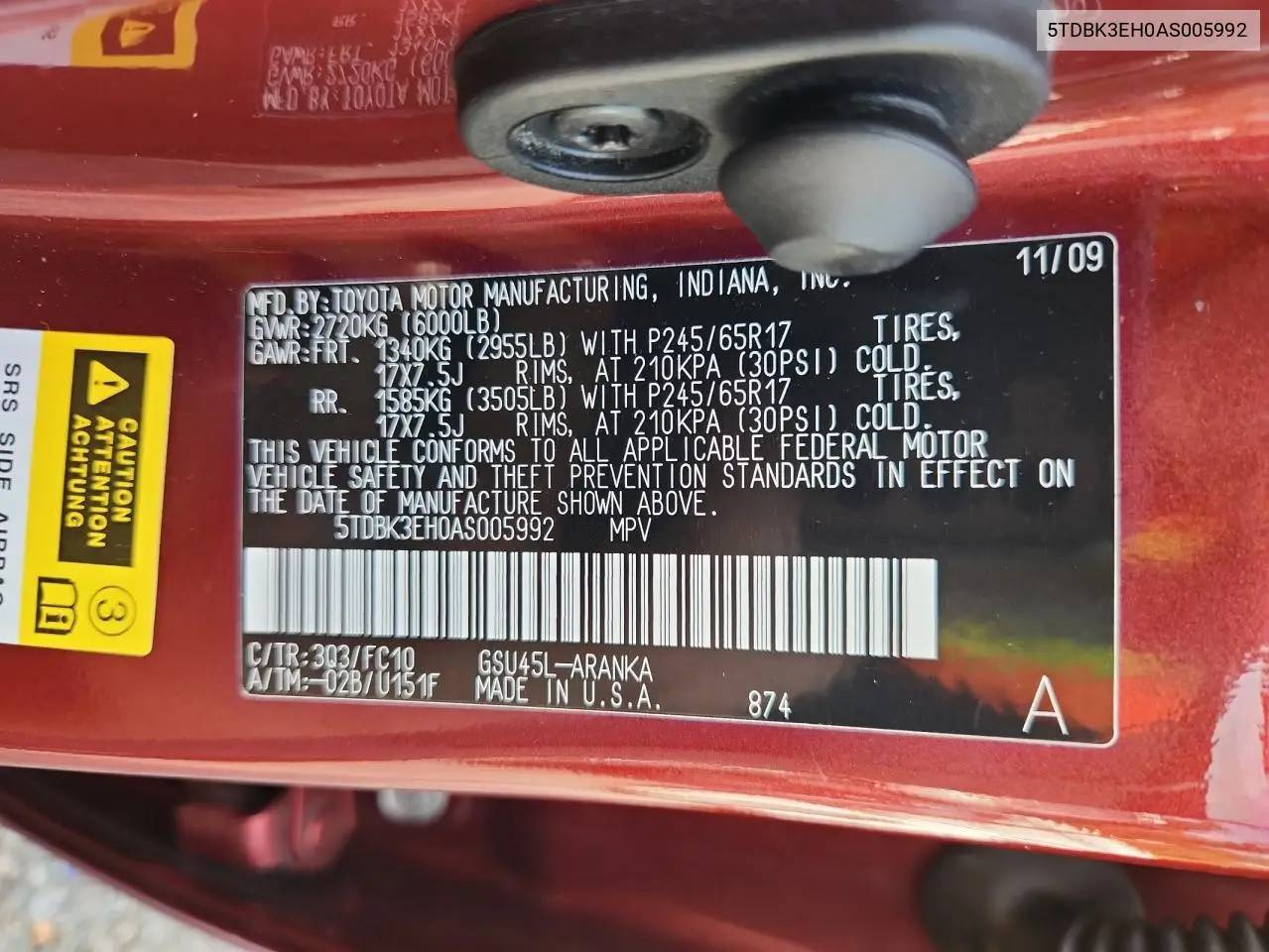 5TDBK3EH0AS005992 2010 Toyota Highlander