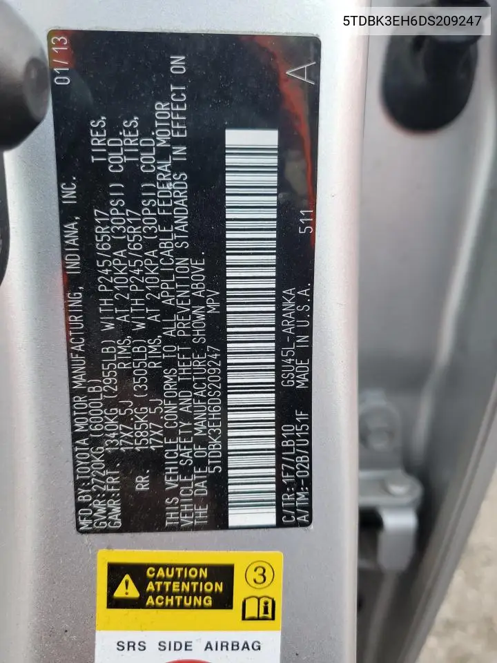 5TDBK3EH6DS209247 2013 Toyota Highlander Base