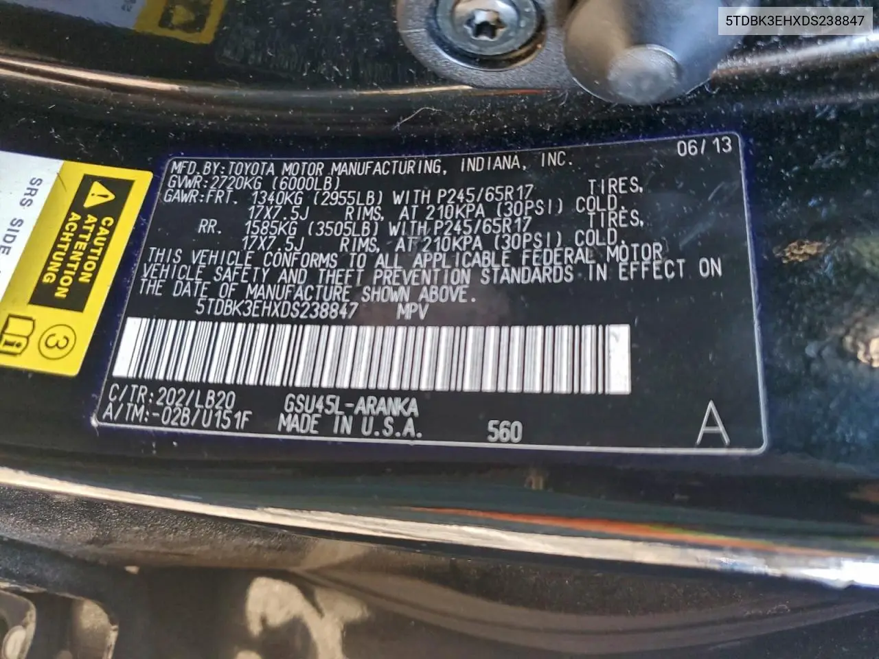 5TDBK3EHXDS238847 2013 Toyota Highlander Base