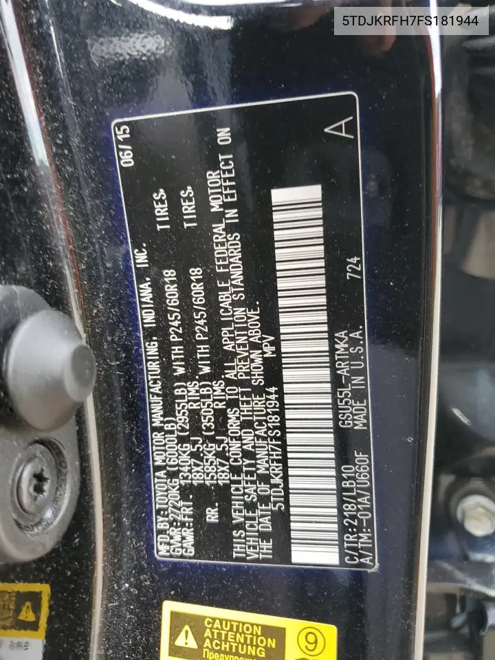 5TDJKRFH7FS181944 2015 Toyota Highlander Xle