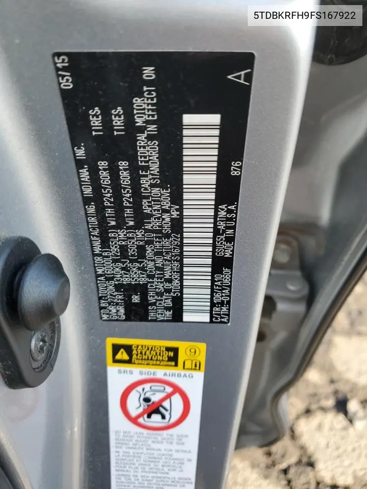 5TDBKRFH9FS167922 2015 Toyota Highlander Le