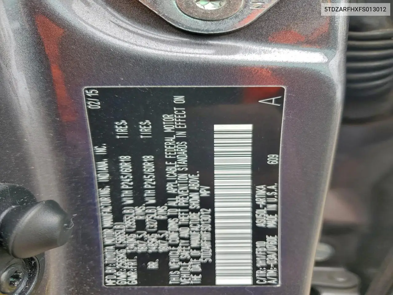 5TDZARFHXFS013012 2015 Toyota Highlander Le