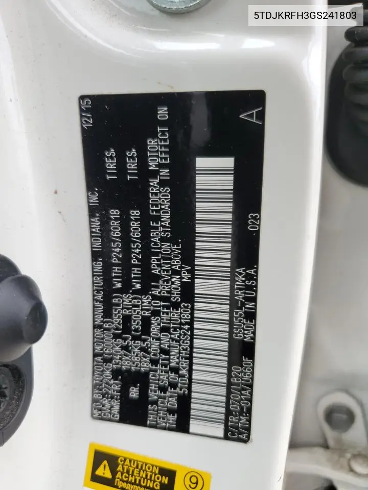5TDJKRFH3GS241803 2016 Toyota Highlander Xle