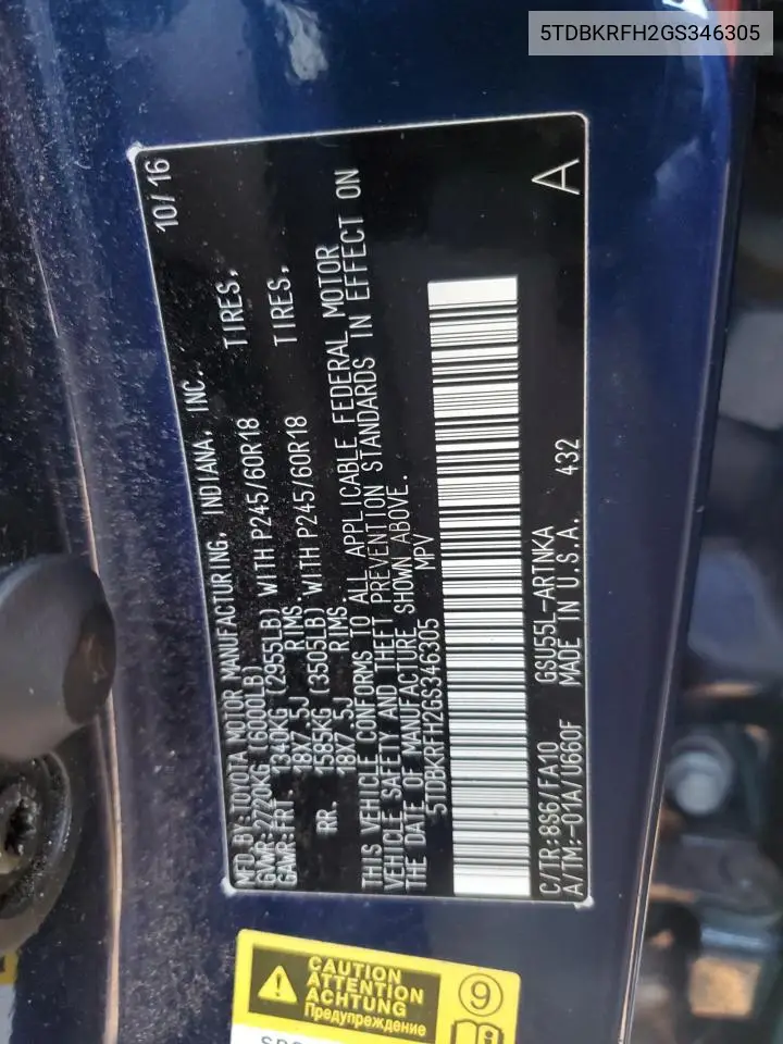 5TDBKRFH2GS346305 2016 Toyota Highlander Le