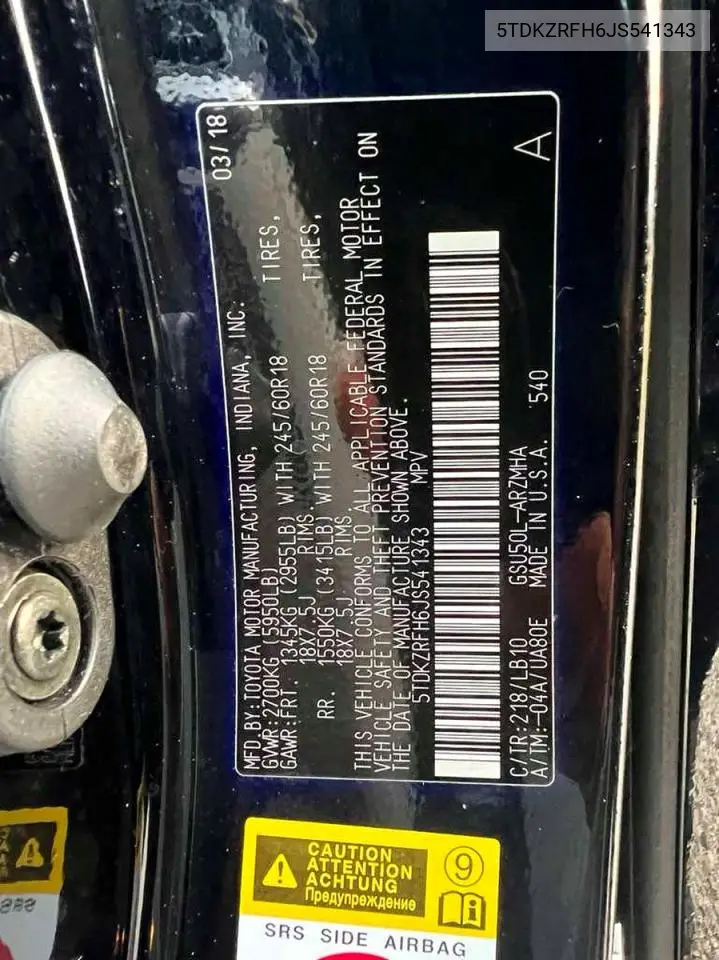 5TDKZRFH6JS541343 2018 Toyota Highlander Se