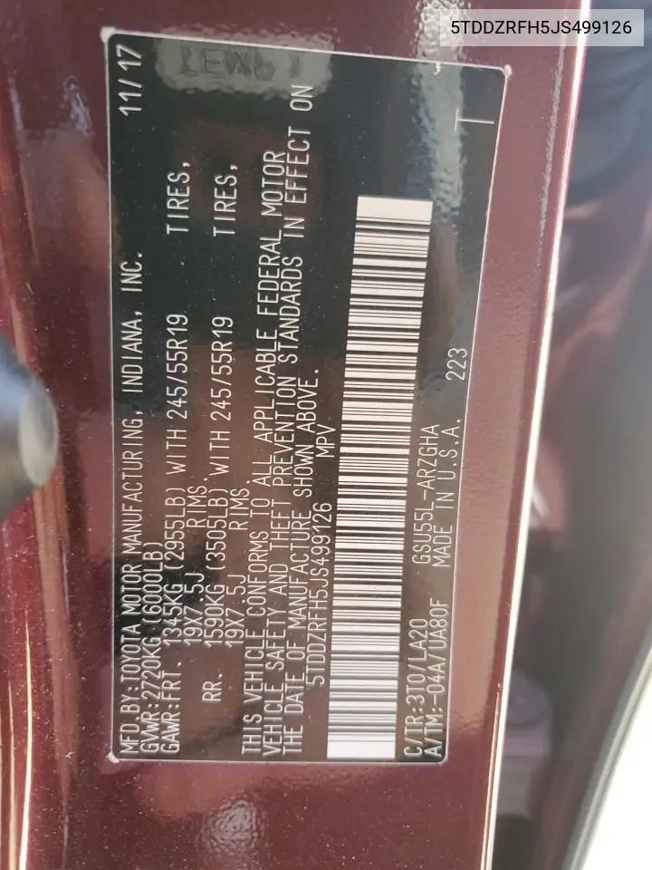 5TDDZRFH5JS499126 2018 Toyota Highlander Limited