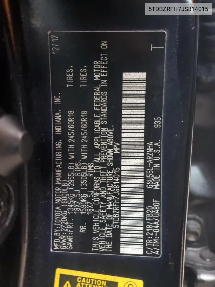 5TDBZRFH7JS814015 2018 Toyota Highlander Le