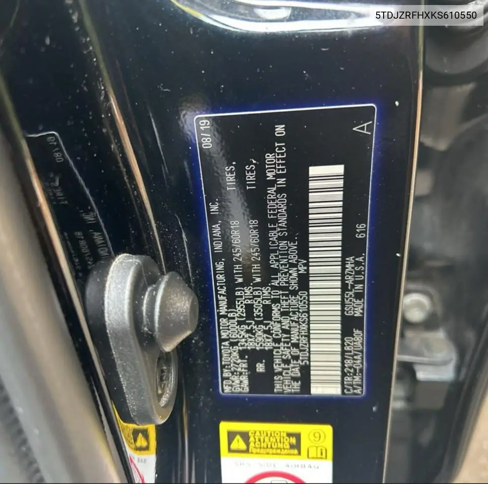 5TDJZRFHXKS610550 2019 Toyota Highlander Se