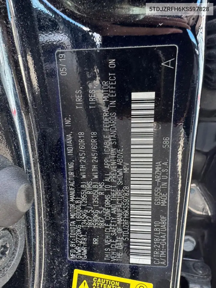 5TDJZRFH6KS597828 2019 Toyota Highlander Se