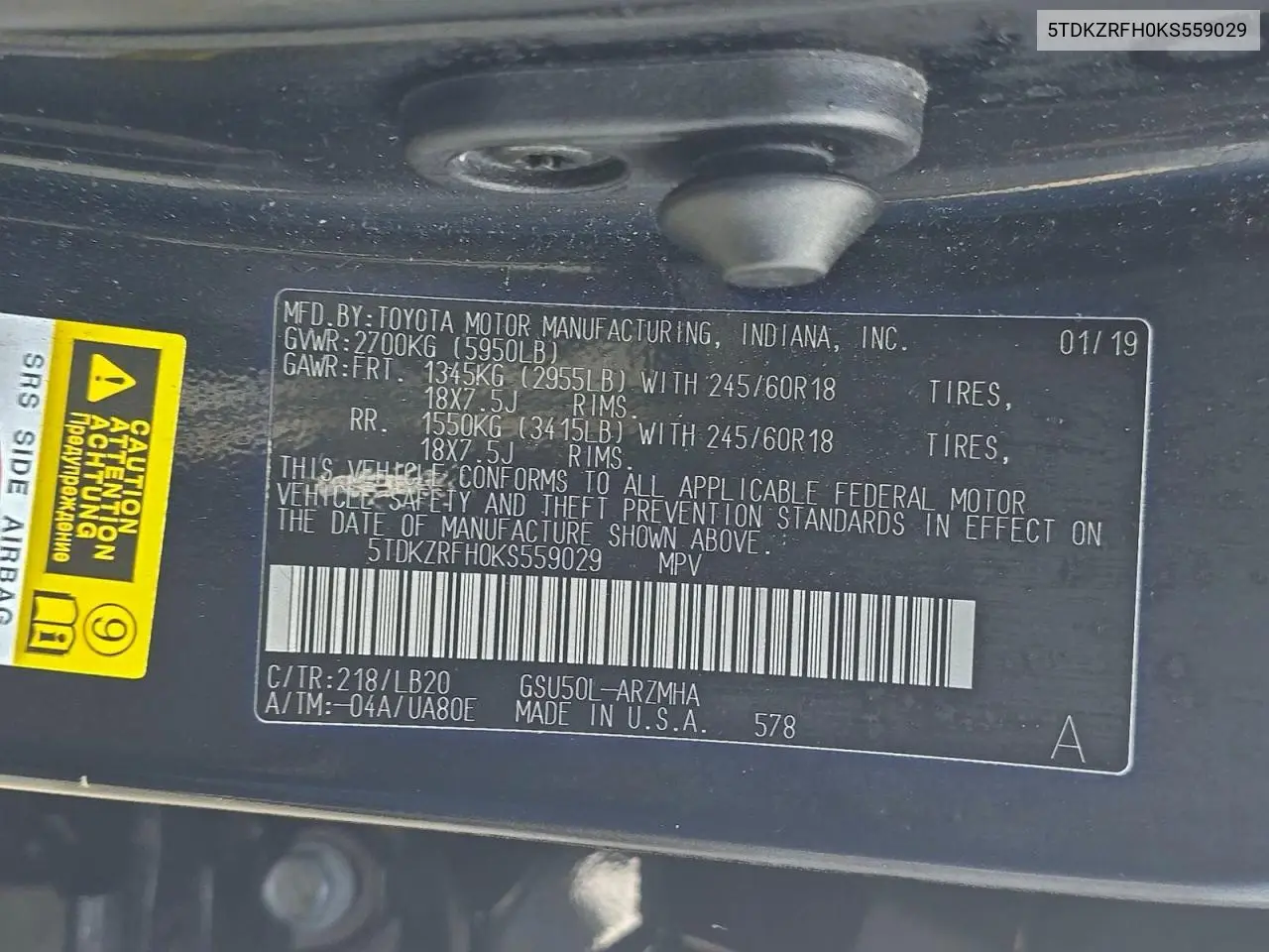 5TDKZRFH0KS559029 2019 Toyota Highlander Se