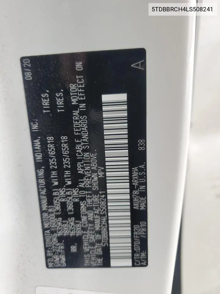 5TDBBRCH4LS508241 2020 Toyota Highlander Hybrid Le
