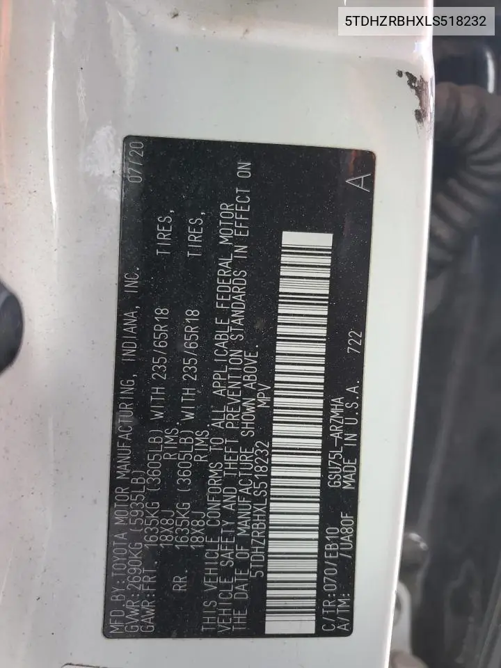 5TDHZRBHXLS518232 2020 Toyota Highlander Xle