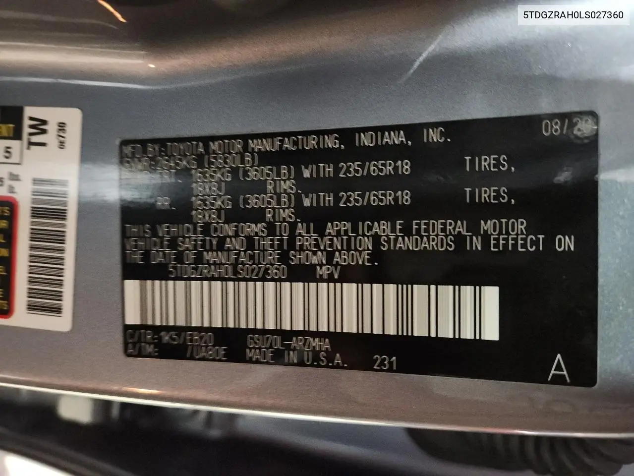 5TDGZRAH0LS027360 2020 Toyota Highlander Xle