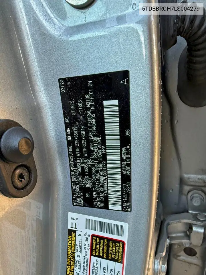 5TDBBRCH7LS004279 2020 Toyota Highlander Hybrid Le