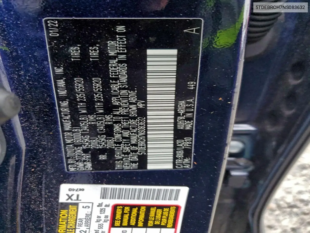 5TDEBRCH7NS083632 2022 Toyota Highlander Hybrid Platinum