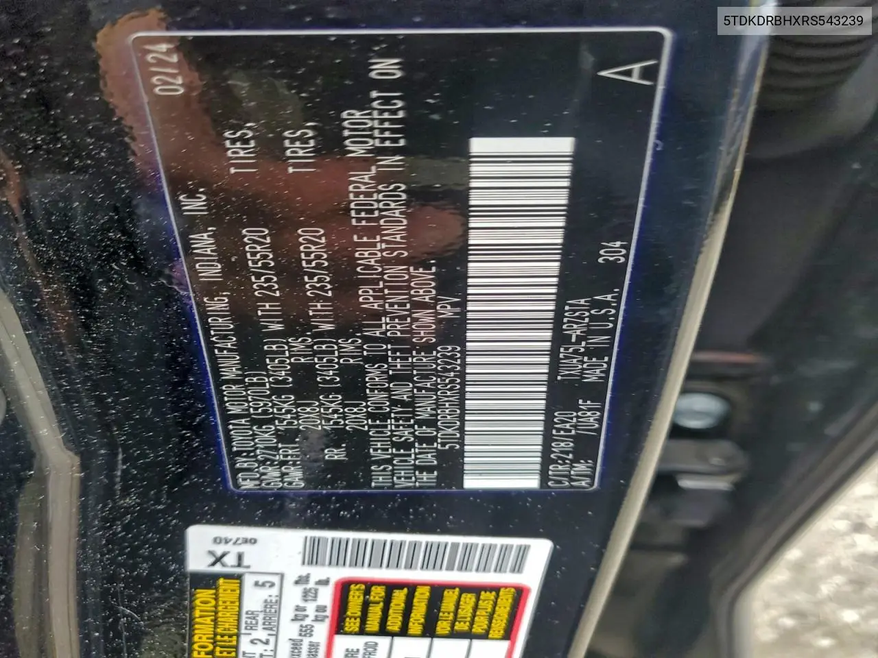 5TDKDRBHXRS543239 2024 Toyota Highlander Le