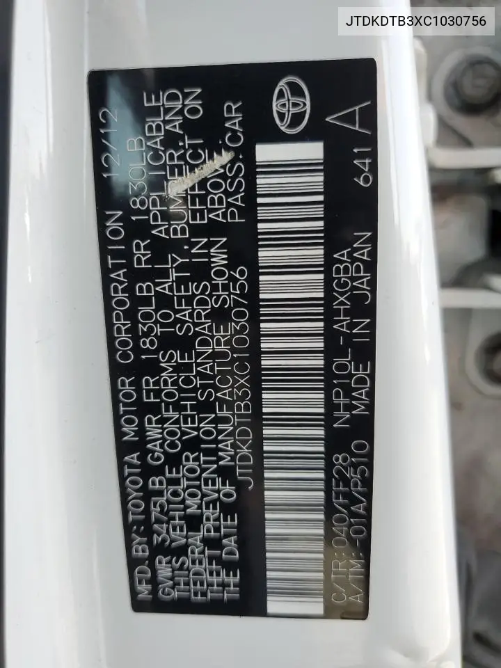 JTDKDTB3XC1030756 2012 Toyota Prius C